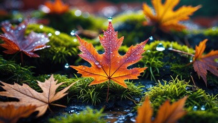 Wall Mural - close-up of vibrant autumn leaves with droplets of water resting on them, surrounded by lush green m