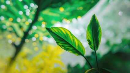 Wall Mural - Green plant leaves with light bokeh background in soft focus representing natural beauty and tranquility in organic settings