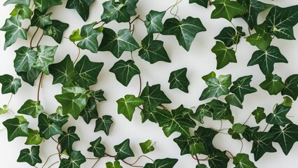 Wall Mural - Green ivy leaves on a light background in a flat lay arrangement showcasing various shapes and sizes of leaves