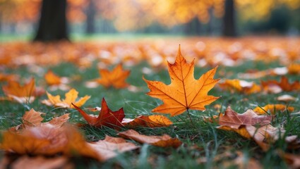 Wall Mural - Golden autumn leaves scattered on grass in a park with blurred background of trees and soft natural light