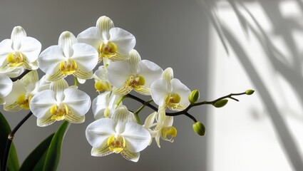 Wall Mural - white orchids with yellow accents against a neutral background displaying soft shadows and natural l
