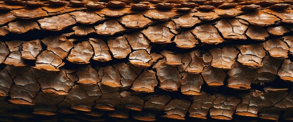 Wall Mural - close-up textured bark of an old tree displaying intricate patterns and deep cracks in rich brown an