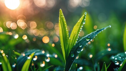 Wall Mural - Fresh Morning Dew on Vibrant Grass Leaves with Bokeh Background and Soft Focus in Natural Light