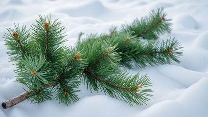 Wall Mural - Pine tree branch resting on fresh snow in winter landscape natural elements detail with soft frost background