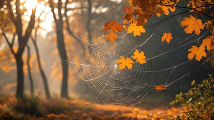 Wall Mural - Autumn forest scene featuring a spider web adorned with colorful maple leaves illuminated by soft sunlight in the background