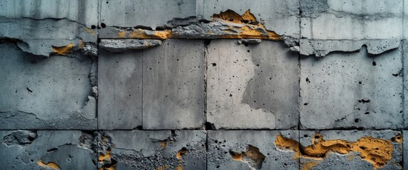 Wall Mural - Textured cement wall with visible cracks and erosion showcasing a grunge aesthetic in grey and yellow hues for urban design projects.