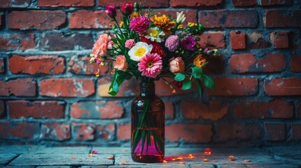 Wall Mural - Vibrant bouquet of colorful flowers arranged in a glass bottle against a rustic brick wall background