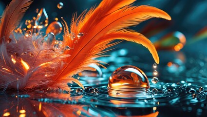 Wall Mural - Orange feathers surrounded by water droplets on a reflective surface highlighting texture and color contrasts