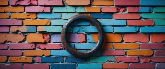 Wall Mural - Vibrant brick wall with multicolored bricks and a textured rusty metal ring creating a striking urban aesthetic and backdrop for creativity.