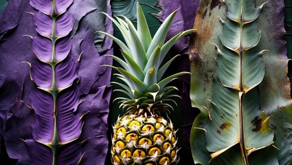 Wall Mural - Vibrant purple and dark green rustic pineapple leaves showcasing textured surfaces and a fresh pineapple centerpiece on a dark background.