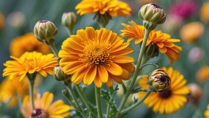 Wall Mural - Vibrant close-up of Calendula officinalis flowers showcasing bright yellow petals and buds against a soft, blurred background ideal for design.