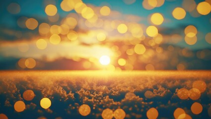 Wall Mural - Twilight sunset with a blurred golden sky and shimmering bokeh effects creating a serene and atmospheric background scene.