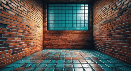 Wall Mural - Rustic brick wall interior with turquoise tiled floor and large window creating a unique digital background for creative projects