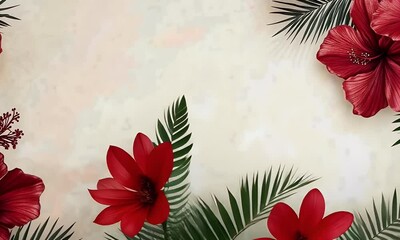 Wall Mural - red hibiscus floral frame on beige background