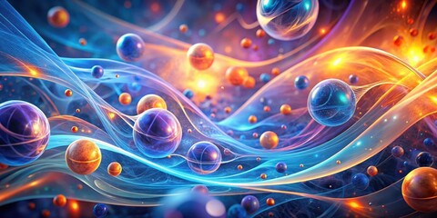 Wall Mural - glowing blue molecules in a vast abstract background with swirling patterns of purple and orange hue