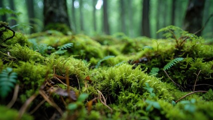 Wall Mural - detailed close-up of lush green moss covering the forest floor with soft sunlight filtering through 