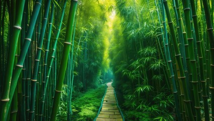 Wall Mural - bamboo forest pathway with lush green vegetation and sunlight filtering through tall bamboo stalks i