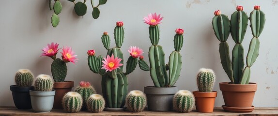 Wall Mural - Cacti Collection with Blooming Flowers and Decorative Pots on Wooden Surface with Blank Space for Text Overlay