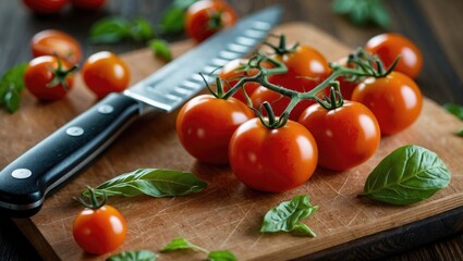 Wall Mural - Fresh cherry tomatoes with basil leaves and a knife elegantly arranged on a wooden cutting board for culinary presentation and cooking themes.