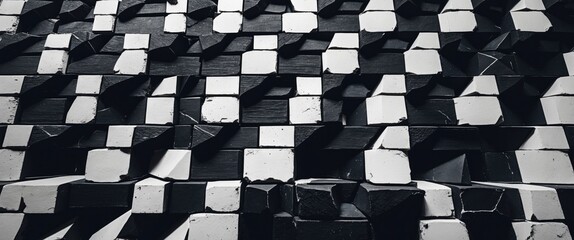 Wall Mural - Abstract black and white textured geometric pattern with cubes creating three-dimensional effect on flat surface