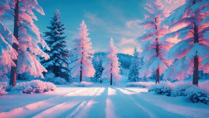 Wall Mural - snow-covered trees in vibrant colors during winter, scenic landscape with shadows and soft sunlight 