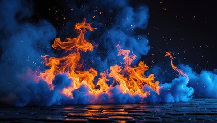 Wall Mural - vibrant blue smoke and fiery flames create a striking visual effect on a dark background for creativ