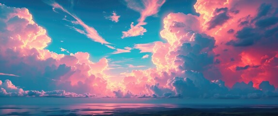 Wall Mural - vibrant sunset clouds forming a colorful sky over a calm ocean landscape with reflections on the wat