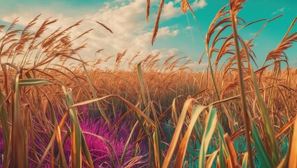 Wall Mural - Cattail plants swaying in a vibrant field under a blue sky with clouds creating a serene and colorful natural landscape backdrop