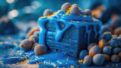 Wall Mural - vibrant blue wax texture with glossy drips and golden accents creating an artistic and colorful abst