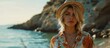 © StockKing - Chic blonde woman wearing a summer straw hat and colorful beach shirt poses near tranquil sea waves with a rocky backdrop and warm sunlight