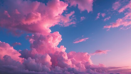 Wall Mural - pink fluffy clouds illuminated by soft sunset light in a vibrant blue sky