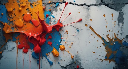 Wall Mural - Colorful paint splashes on a textured cracked wall background with vibrant red, blue, orange, and yellow hues mixed together