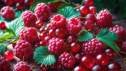 Wall Mural - Ripe red raspberries and currants with green leaves on a textured wooden surface in natural light