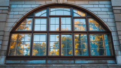 Wall Mural - Elegant architectural window showcasing reflections of autumn trees against a historic stone wall in warm afternoon light.