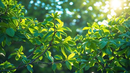 Wall Mural - green leaves of a tree illuminated by sunlight in a natural outdoor setting during daytime with boke