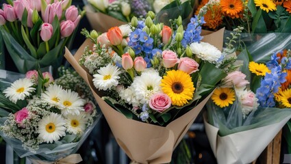 Wall Mural - Vibrant bouquets of mixed flowers in a floral shop showcasing a colorful variety of tulips, daisies, and roses ready for sale.