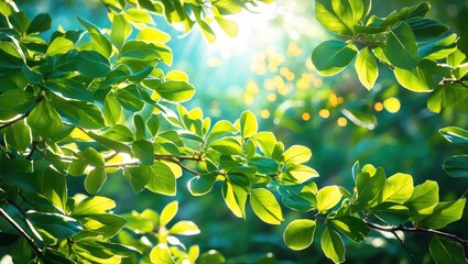 Wall Mural - lush green leaves with sunlight filtering through creating a natural and vibrant background with bok