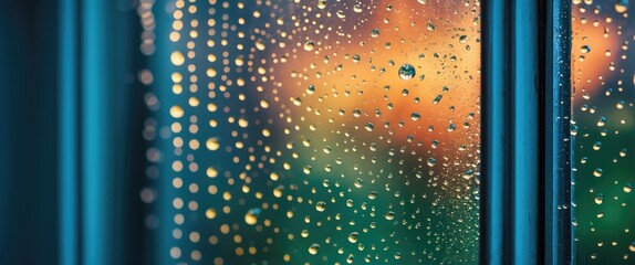 Wall Mural - close-up of raindrops on a window pane with a blurred background of colorful lights and foliage in s