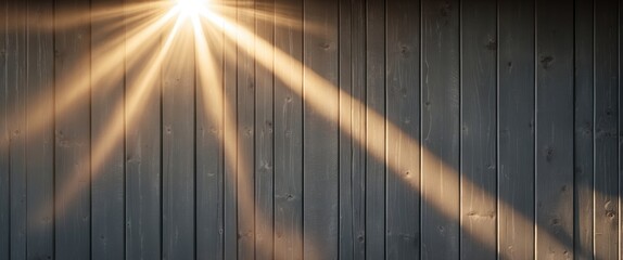 Wall Mural - sunlight rays streaming through a dark wooden wall creating a textured background with contrasting l