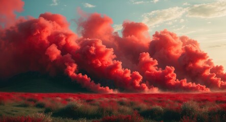Wall Mural - red smoke clouds over a vibrant field of red flowers under a blue sky during sunset creating a drama