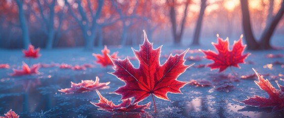 Wall Mural - frost-covered red maple leaves on a frozen pond during winter with soft sunlight filtering through t