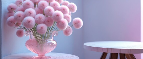 Wall Mural - Fluffy pink flower bouquet in a decorative vase on a minimalist table against a soft pastel backdrop. Elegant holiday floral arrangement.