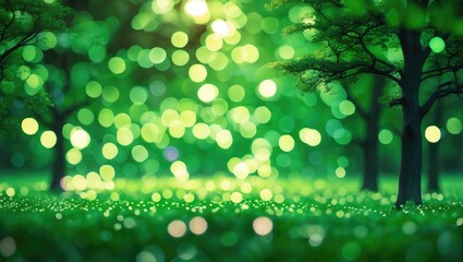 Wall Mural - green forest landscape with soft bokeh light effects and blurred trees in a peaceful nature setting 