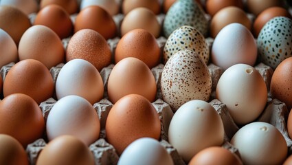 Canvas Print - Close-up of assorted chicken eggs in tray showcasing diverse colors and patterns for culinary or farming themes.