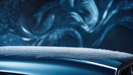 Wall Mural - close-up of a car roof with frost details and abstract blue background with light patterns