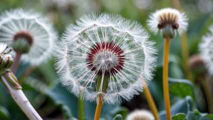 Wall Mural - Dandelion seed head detail showcasing delicate white fluff and vibrant central disc surrounded by green foliage in a natural setting.