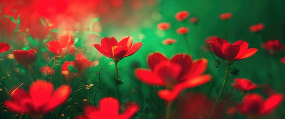 Wall Mural - Colorful abstract floral background with blurred red flowers against a vibrant green backdrop creating a dreamy and soft atmosphere.