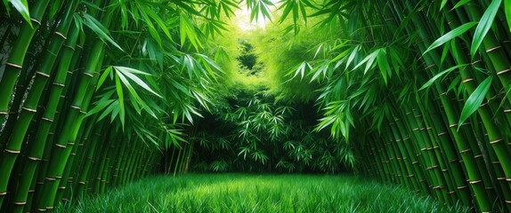 Wall Mural - lush green bamboo forest with dense foliage and grassy ground under soft natural light