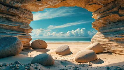 Wall Mural - rocky cave opening revealing a tranquil beach scene with smooth stones and distant clouds under a cl