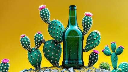 Wall Mural - Cactus arrangement resembling a bottle set against a vibrant yellow background showcasing unique natural shapes and colors.